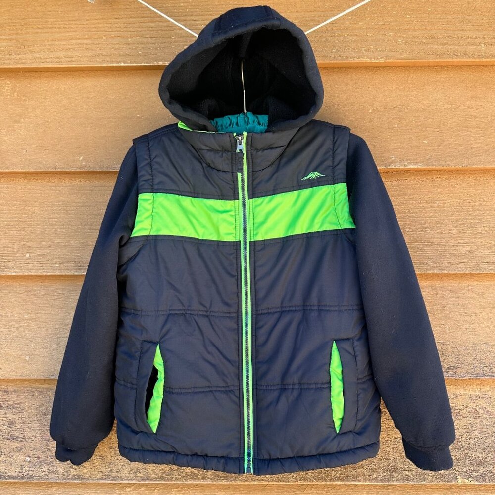 Pacific Trail Boys Hooded Puffer Jacket Black & Green Size S 8 Insulated Warm Co - Picture 1 of 10